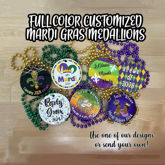 SINGLE-SIDED Mardi Gras Necklace Medallions - Customized with Full Color artwork (use a pre-made design or send in your own).  Bulk packs.