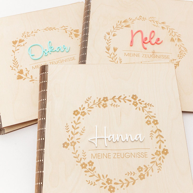 Certificate folder made of wood with floral patterns, folder for certificates with name, school enrollment gift for school child, certificate folder A4 with transparencies