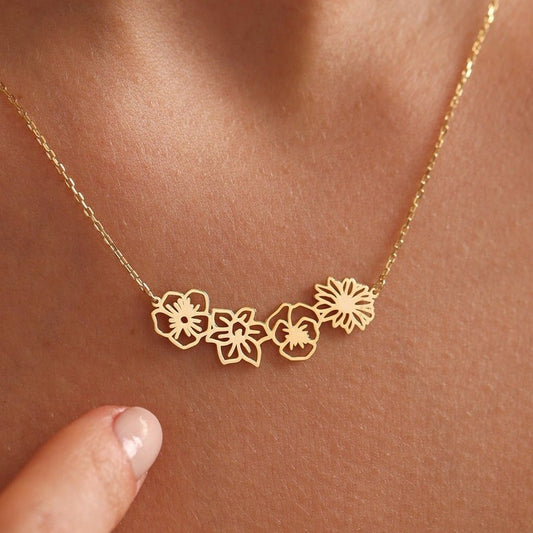 Dainty Birth flower Necklace, Gold Birth Flower Bouquet Necklace, Personalized Gift, Birth flower Family Gift, Gift For Her, Birthday Gifts