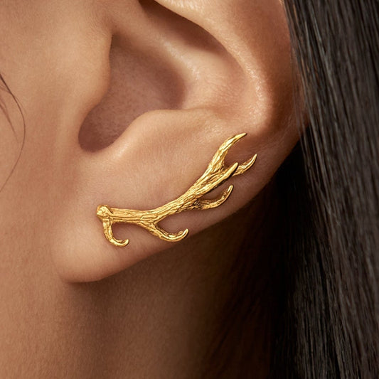 Golden Horns Ear Cuff Earrings • Deer Sterling Silver Ear Crawler • Gypsy Antler Earpin Earring  • Boho 925 Jewelry Gift - FES006