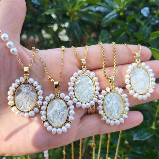 Gold Filled Mother of Pearl Virgin Mary Necklace, Gift For Mom.
