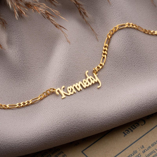 14K Gold Personalized Name Necklace with Figaro Chain, Handmade Jewelry, Personalized Christmas Gift for Mom, Custom Name Plate Necklace