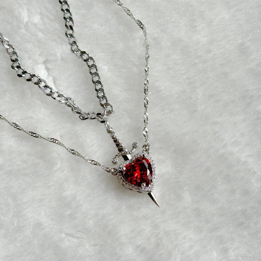 Heart and Sword Necklace - Couple Necklaces - 2pcs Necklace - Silver Plated