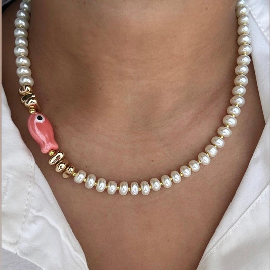 Glass pearl beaded necklace with fish bead and gold accent beads
