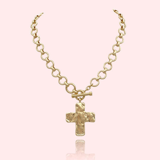Hammered Bold Cross Necklace Thick Chain Set, Chunky Cross Statement Pendant Toggle Necklace, Handmade Toggle Hammered TextureCross Necklace