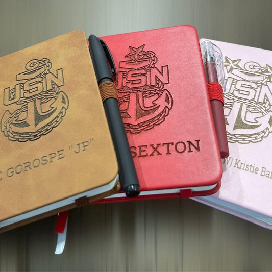 Custom/ Personalized mini Note book with Pen.  laser engraved US Navy. Laser Engraved Notebook customized.
