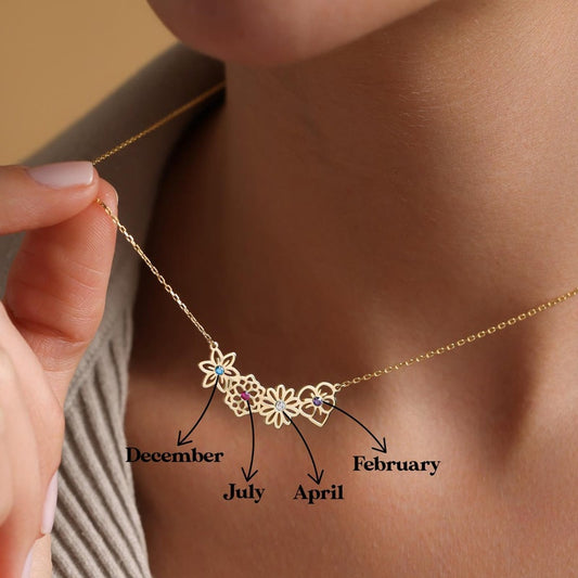 Dainty Birthflower necklace , Personalized Christmas Gift, Birthflower Necklace with Birthstone, Family necklace, Mothers day gift