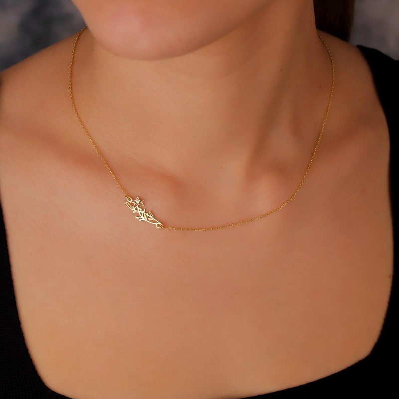 Personalized Birth Flower Necklace, 925 Sterling Silver Birth Month Flower Pendant, Sideway Floral Necklace, Gift For Her, Gift For Xmas