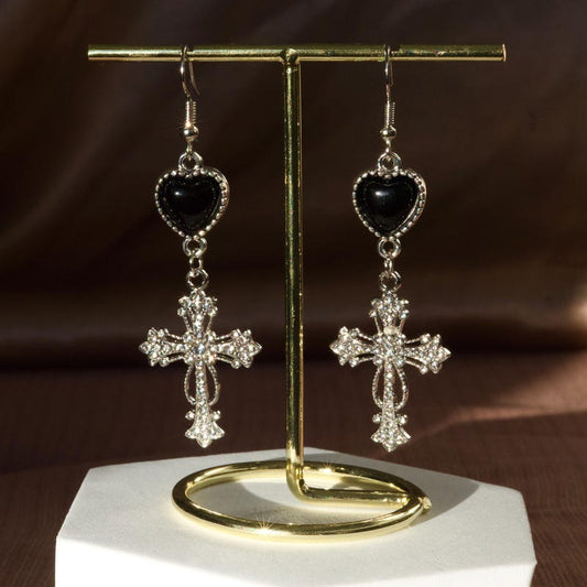Gothic Cross Dangle Earrings – Black Heart Statement Earrings, Morute Jewelry, Vintage Crucifix Earrings, Edgy Lightweight Jewelry