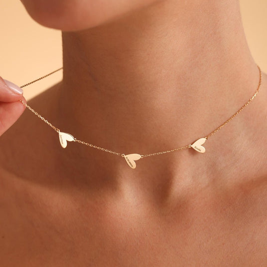 14K Personalized Engraved Hearts Name Necklace,Personalized Mom Necklace with Kids Names,Family Heart Pendant Necklace,Christmas Mom Gift