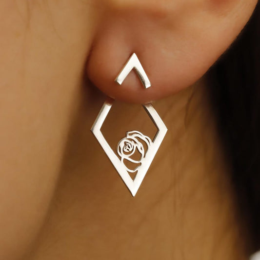 Ear Jacket Earrings, Birth Flower Ear Jacket Earrings, Custom Flower Earrings, Rhombus Earrings, Geometric Earrings With Birth Month Flower