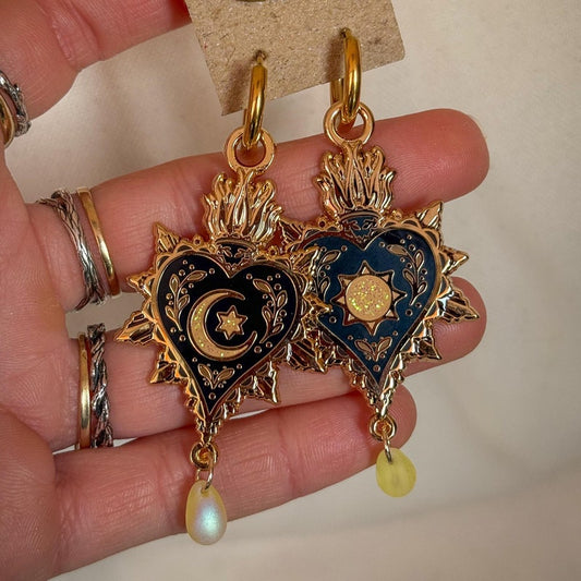 CELESTIAL HEART EARRINGS. Witch pendant earrings. Sacred heart. Gold earrings. Hoops. Surgical steel. Statement earrings. Jewellery. Jewelry