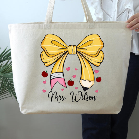 Custom Teacher Name Tote Bag, Pencil Bow Bag, Gift For Teacher, Personalized Teacher Gift, Teacher Gift,, Pencil Bow Bag, Back to School