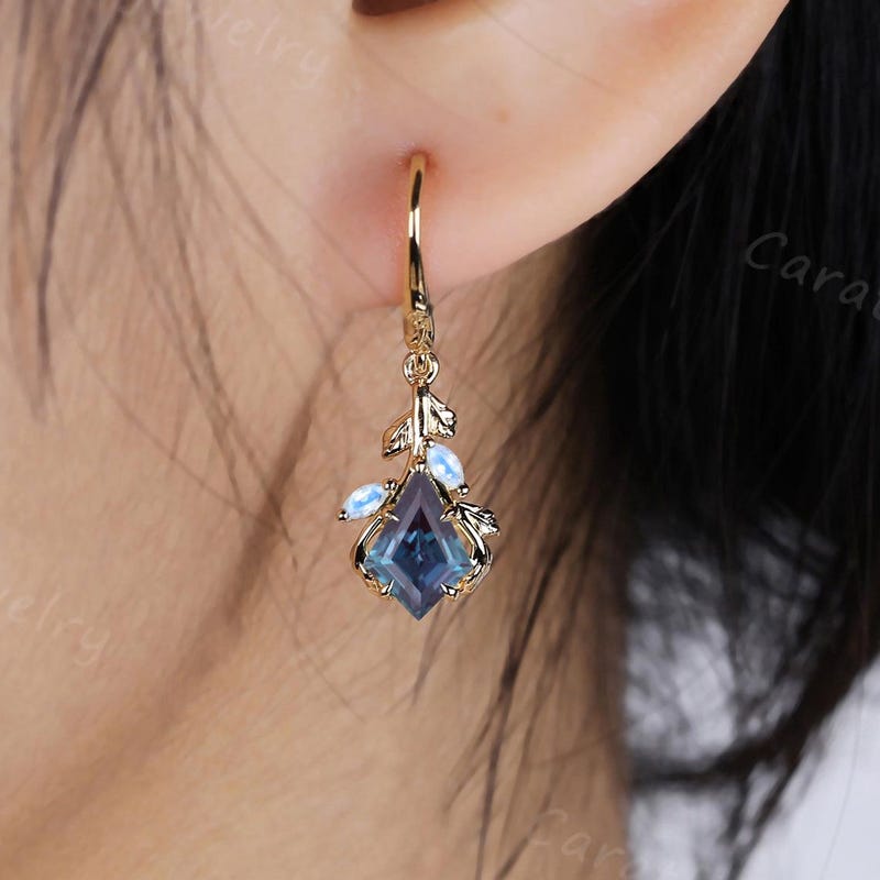 Kite cut Alexandrite Earrings Rose gold Leaf Nature Inspired earring Moonstone Earrings Bridal Jewelry promise gift June birthstone for her