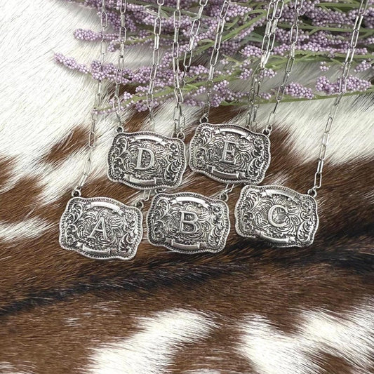 Western Initial Necklace, Western Belt Buckle, Monogram Necklace, Cowboy Necklace, Monogram Jewelry