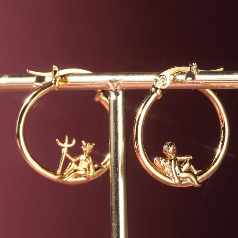 Angel and Devil Hoop Earrings, 18 K Gold Plated ,Adorable Cupid Mismatch Hoop Earrings, Ancient Greek Myth Characters: Eros and Anteros