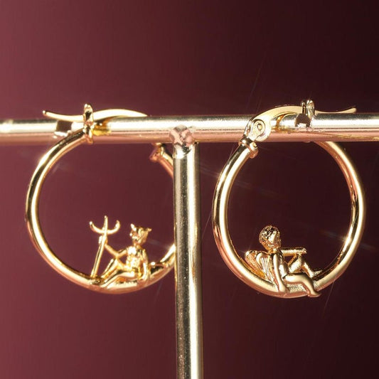 Angel and Devil Hoop Earrings, 18 K Gold Plated ,Adorable Cupid Mismatch Hoop Earrings, Ancient Greek Myth Characters: Eros and Anteros