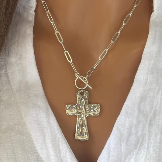 Hammered Cross Necklace Large Silver Pendant Gift for Her Statement Religious Christian Cross Jewelry for Women