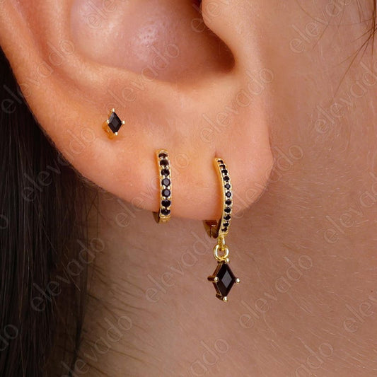 Black Onyx Diamond Cut Hoop Earring Set • gift for her • holiday gift • christmas gift • black onyx jewelry • girlfriend gift • gift ready