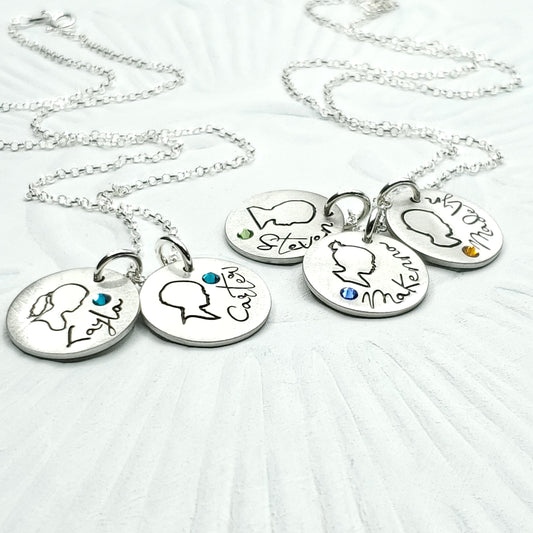 Birthstone Mothers Necklace, Personalized Silhouette and Name Charm Necklace, Gift for Mom, Gift for Grandma
