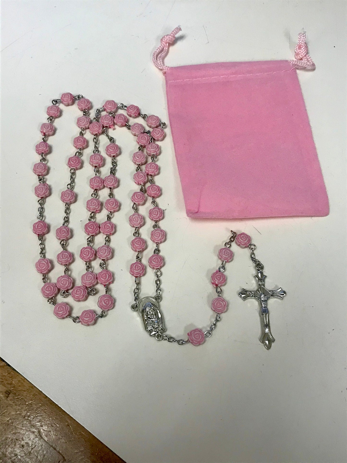 Pink Rosebud Rosary Necklace, Catholic Handmade Cross Necklace with Flannel Bag, Memorial Gift for Women