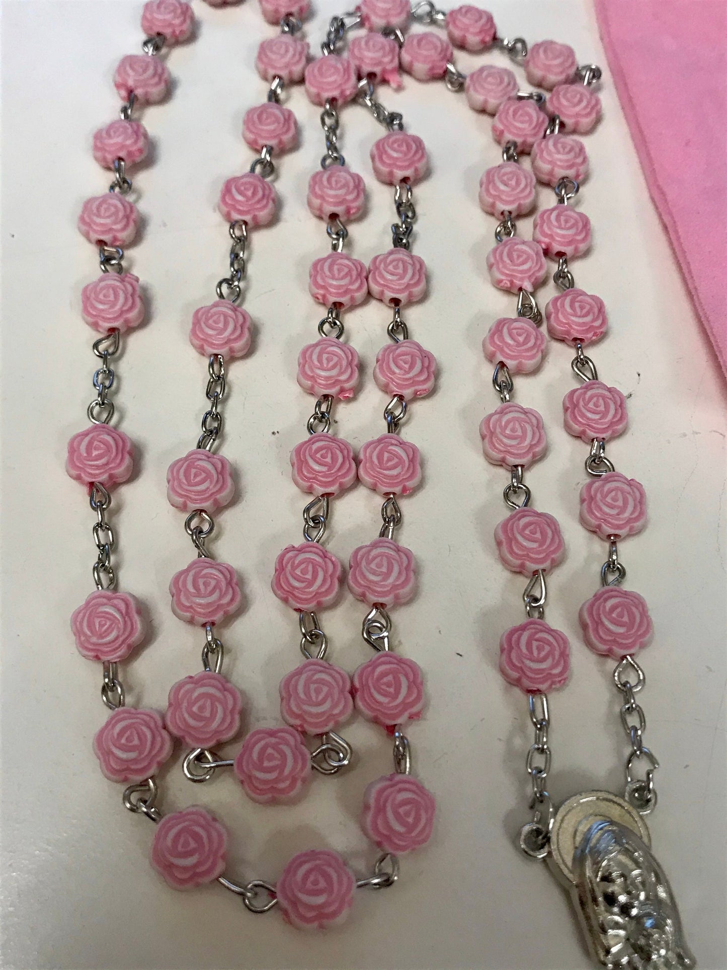 Pink Rosebud Rosary Necklace, Catholic Handmade Cross Necklace with Flannel Bag, Memorial Gift for Women