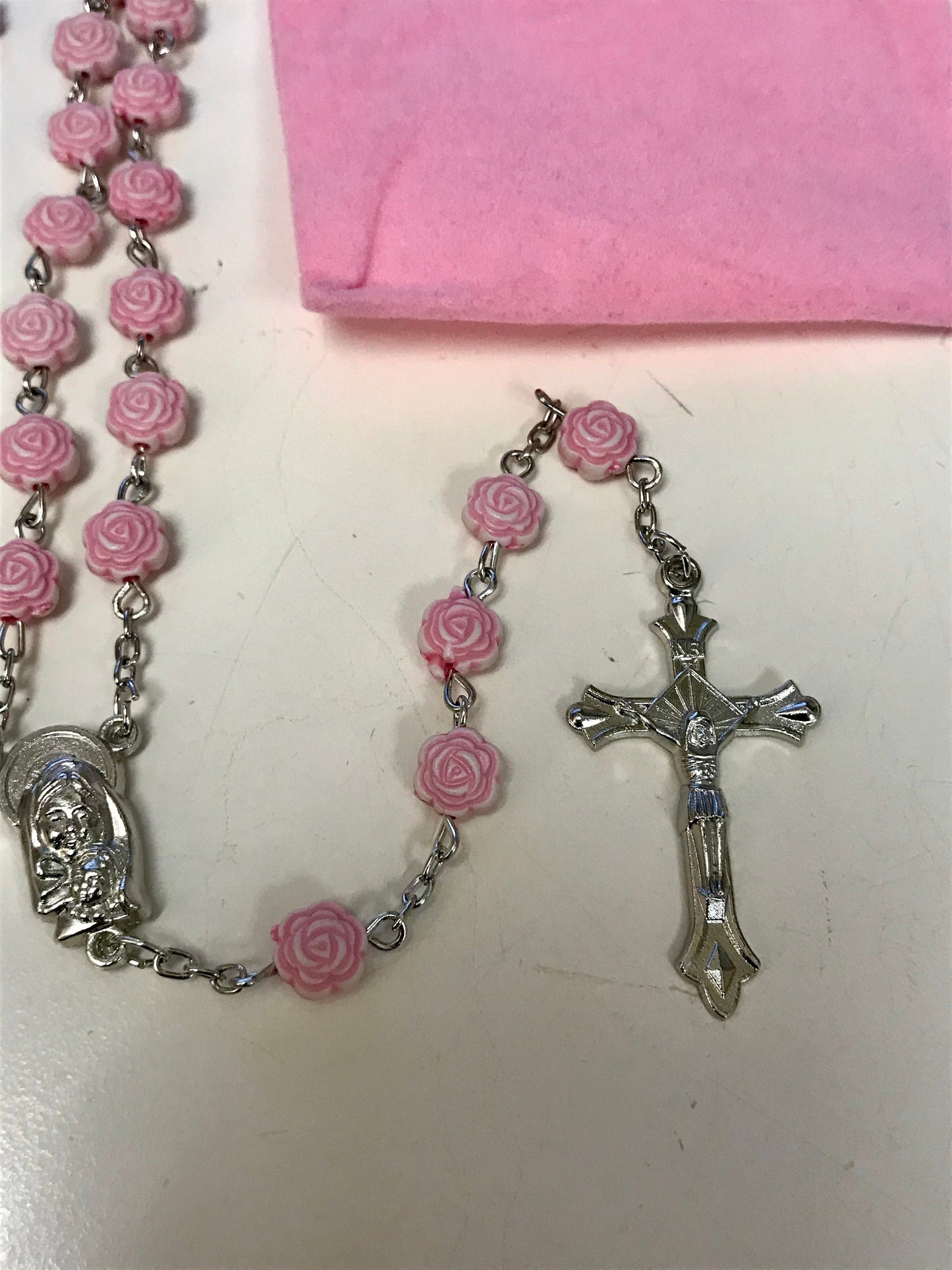Pink Rosebud Rosary Necklace, Catholic Handmade Cross Necklace with Flannel Bag, Memorial Gift for Women