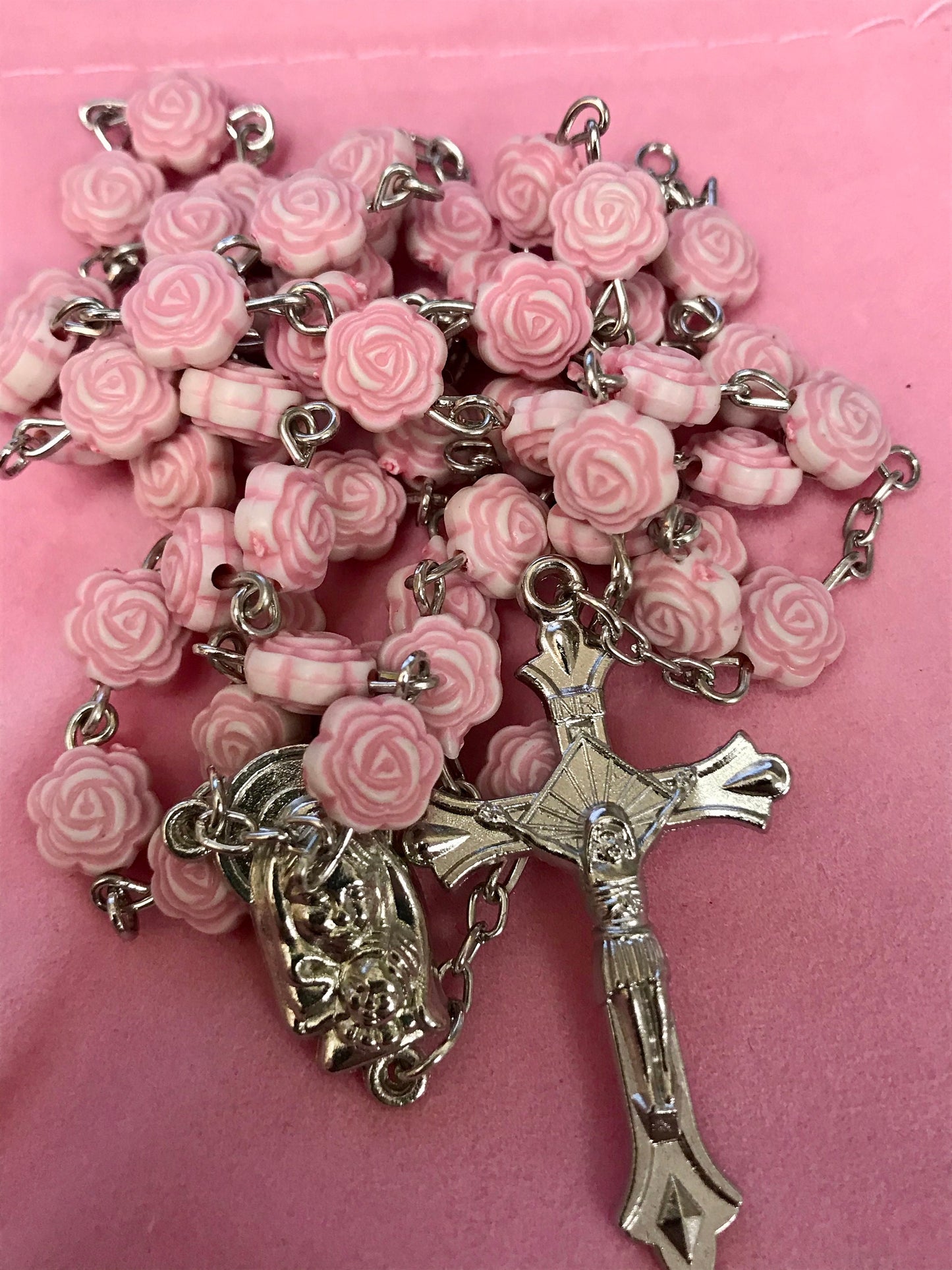 Pink Rosebud Rosary Necklace, Catholic Handmade Cross Necklace with Flannel Bag, Memorial Gift for Women