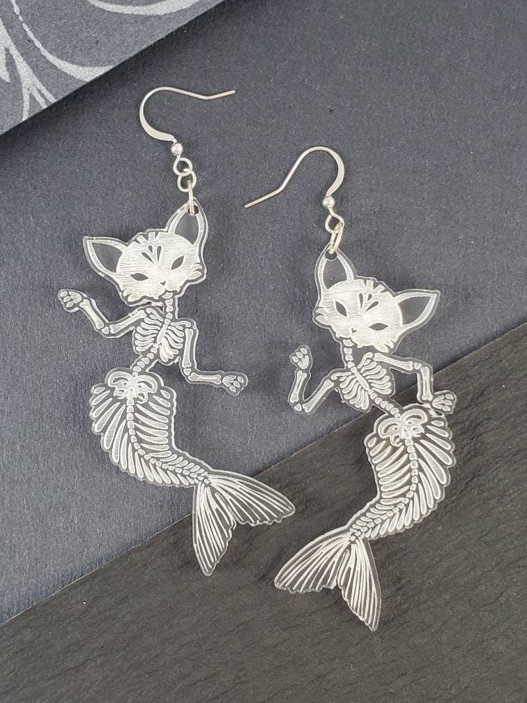 Cat Mermaid Skeleton Acrylic Earrings, Pastel Goth Purple Pink Turquoise