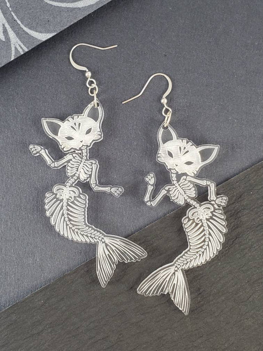 Cat Mermaid Skeleton Acrylic Earrings, Pastel Goth Purple Pink Turquoise