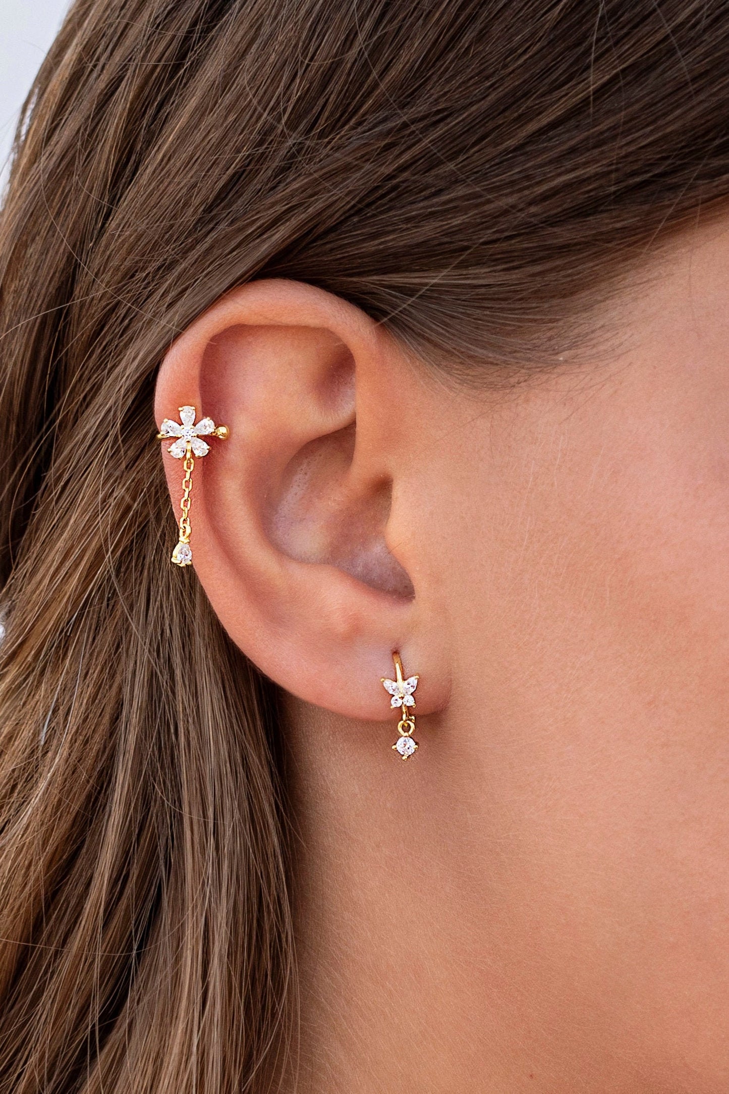 Dainty CZ Butterfly Shaped Huggie Hoop Earrings With Dangling Charm