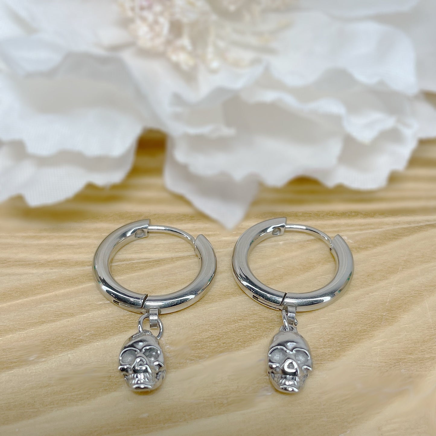 Pair of 316L Surgical Steel Hoop Earrings with Skull Dangle • 20ga