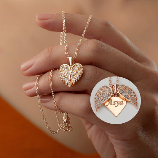 Engrave Angel Wings Necklace, Wings Name Necklace, Guardian Wings Angel Necklace