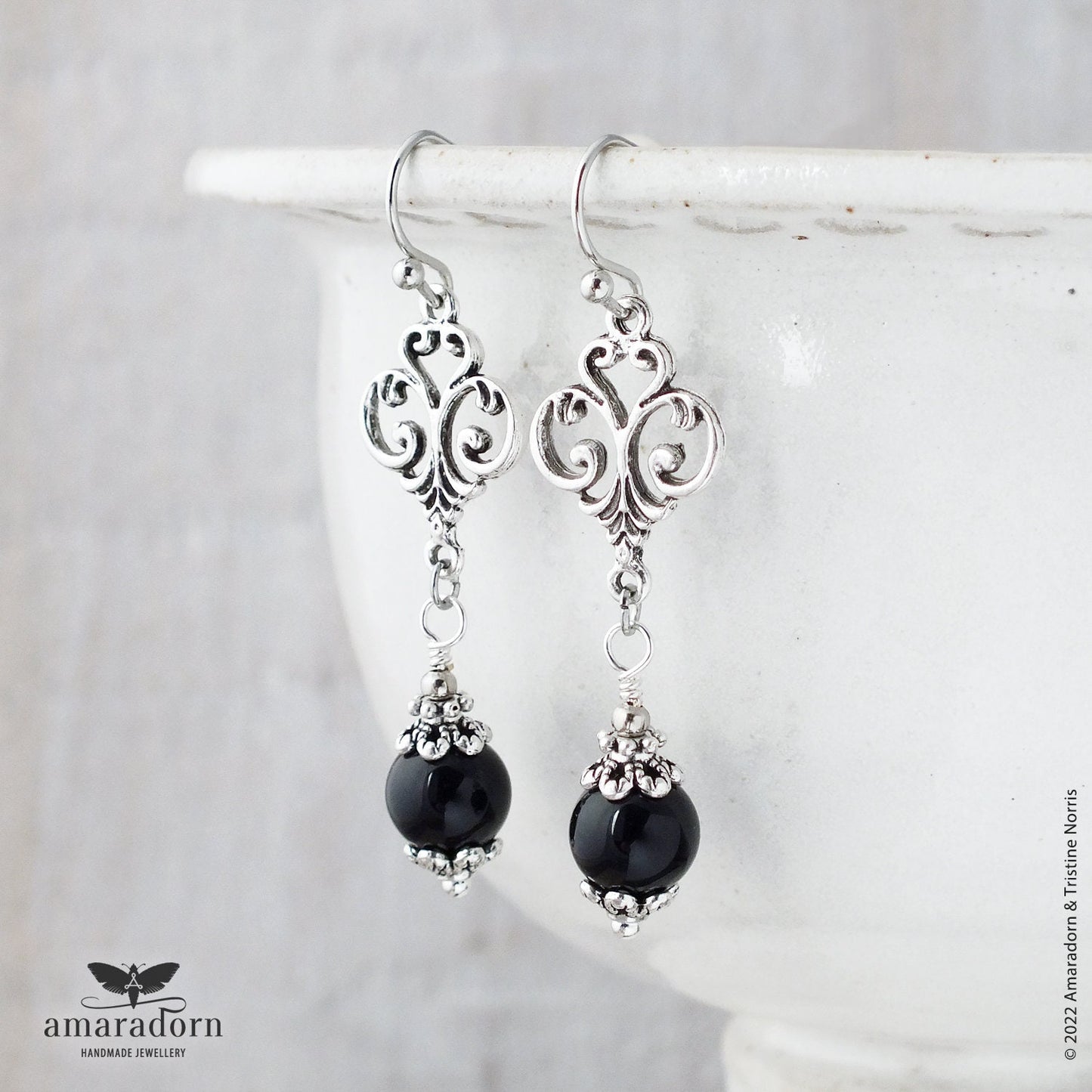 Gothic Renaissance Style Earrings with Black Onyx, 16th Century, Silver Goth Jewellery, Leo Zodiac Gemstone, Handmade UK