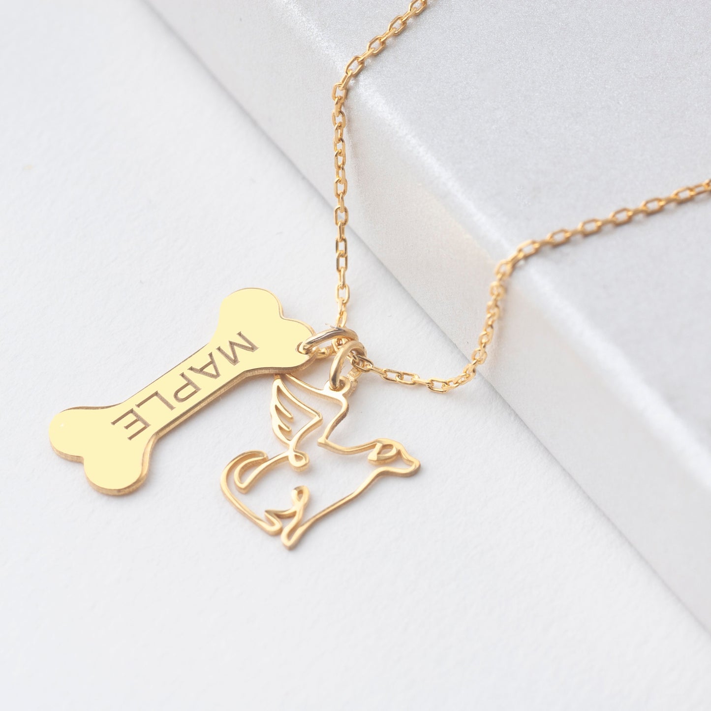 Custom Dog Name Necklace, Bone Necklace with Angel Charm, Pet Dog Loss Memorial Necklace, Pet Lover Gift, Dog Necklace for Dog Mother