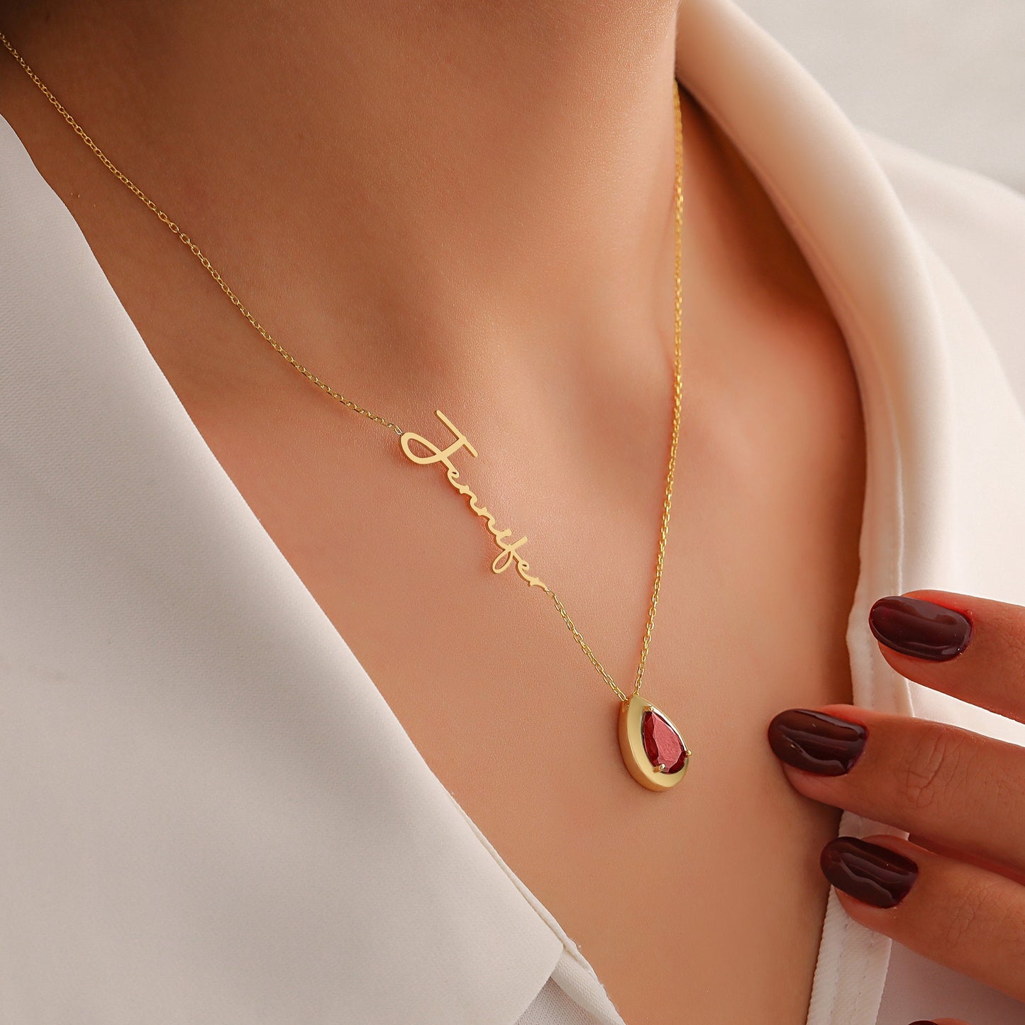 Minimalist Garnet Birthstone, Personalized January Gemstone Name Necklace, Christmas Gifts for Her, Handmade Name Necklace with Birthstone