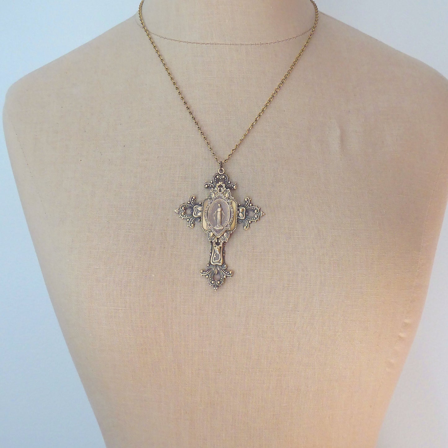 Vintage Jewelry - Large Cross Necklace - Mother Mary Necklace - Catholic Necklace - Brass Statement Necklace - Chloe's Vintage Jewelry