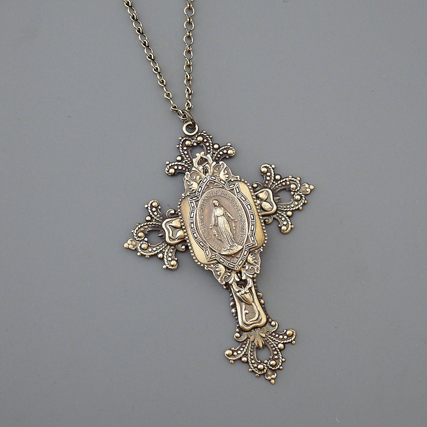 Vintage Jewelry - Large Cross Necklace - Mother Mary Necklace - Catholic Necklace - Brass Statement Necklace - Chloe's Vintage Jewelry