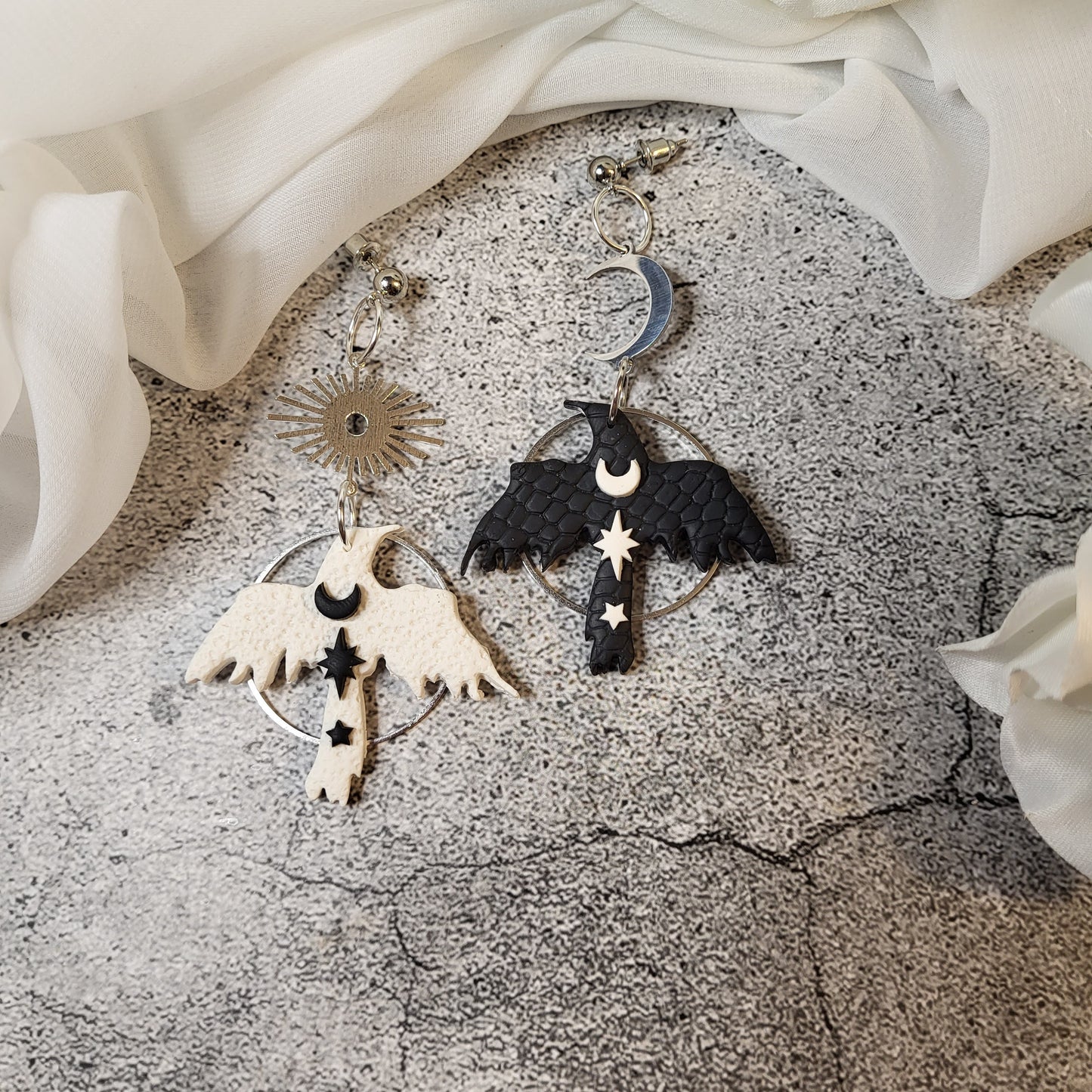 Asymmetrical Celestial Raven Earrings, Mismatched Raven Earrings, Corvid Earrings, Corvid jewelry, Crow jewelry, Goth earrings, Bird jewelry