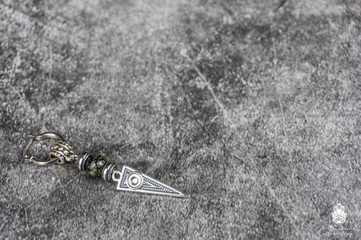 Long Dangle Triangle Gemstone Mens Earring- Stainless Steel Drop Earring For Men- Beaded Modern Pirate Hoop Earring- Silver Spike Earring