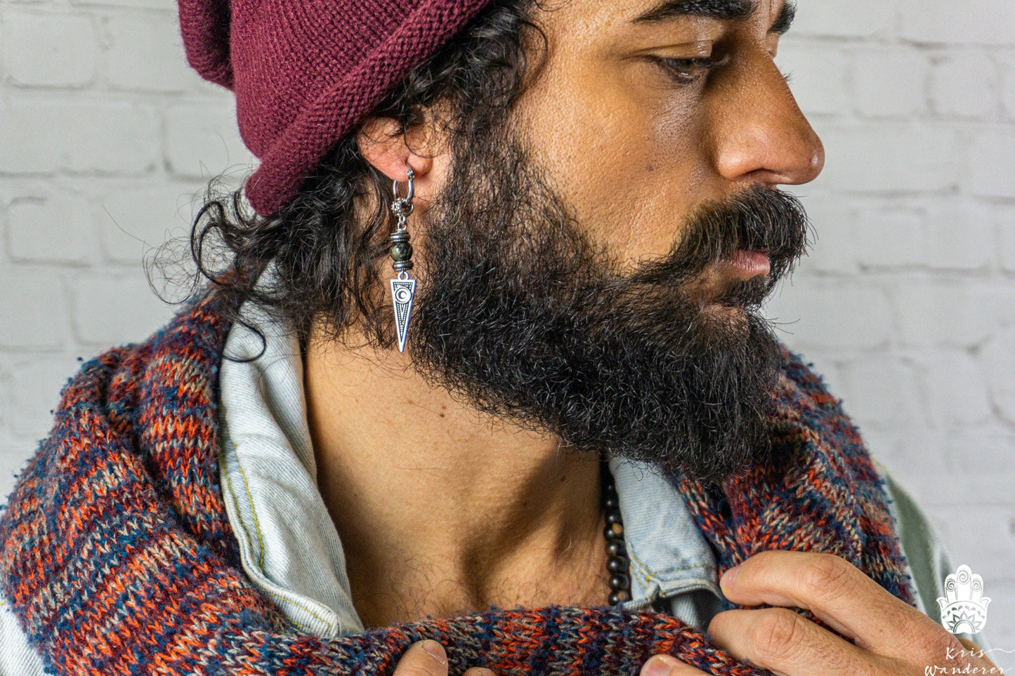 Long Dangle Triangle Gemstone Mens Earring- Stainless Steel Drop Earring For Men- Beaded Modern Pirate Hoop Earring- Silver Spike Earring