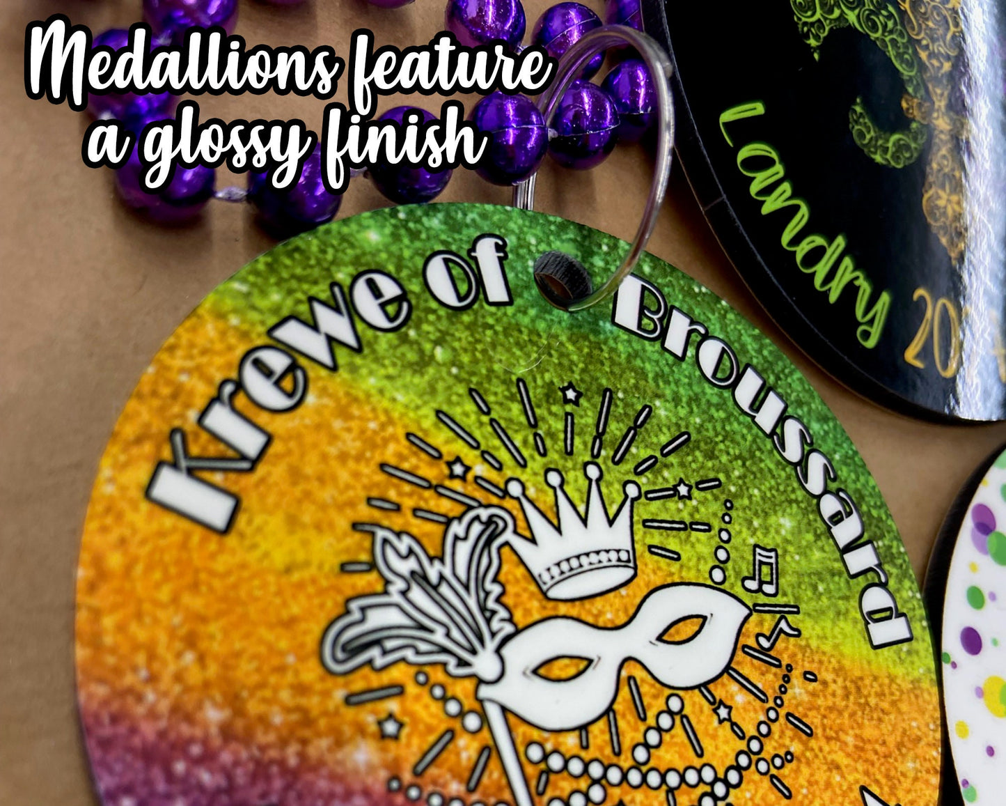 SINGLE-SIDED Mardi Gras Necklace Medallions - Customized with Full Color artwork (use a pre-made design or send in your own).  Bulk packs.