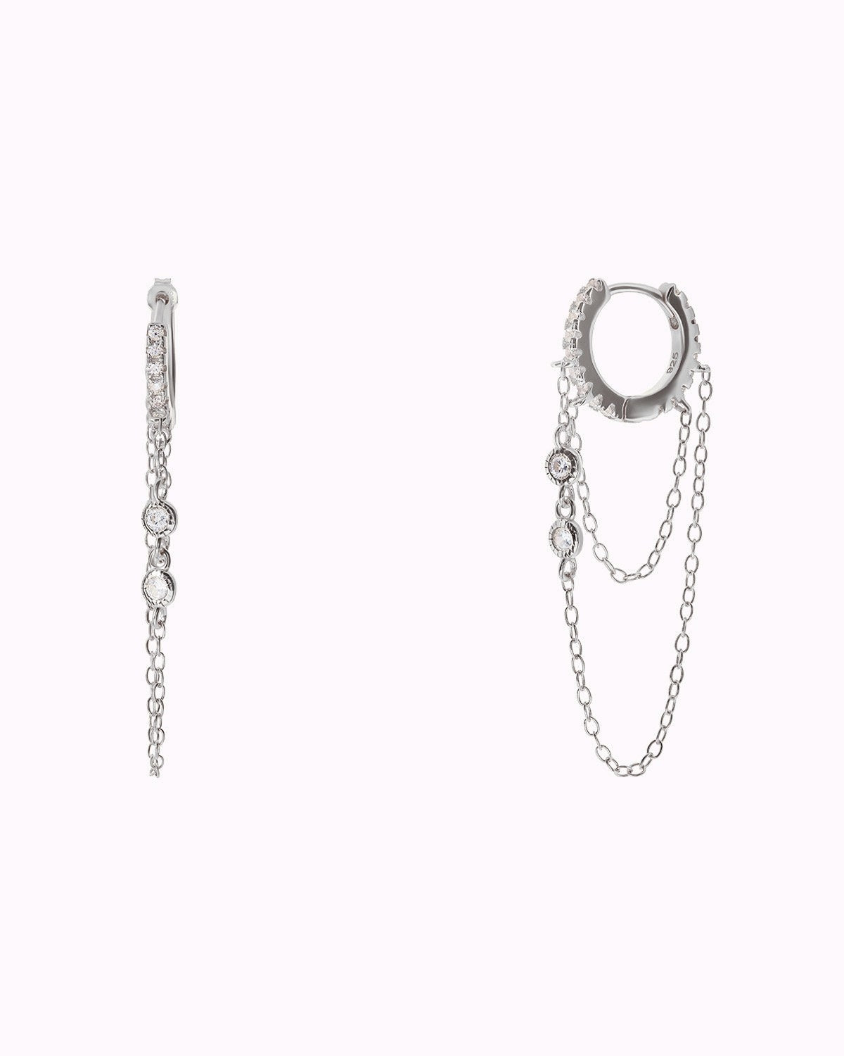 Dainty Pave CZ Helix Huggie Hoop Earrings With 2 Dangling Chains With Bezel CZ