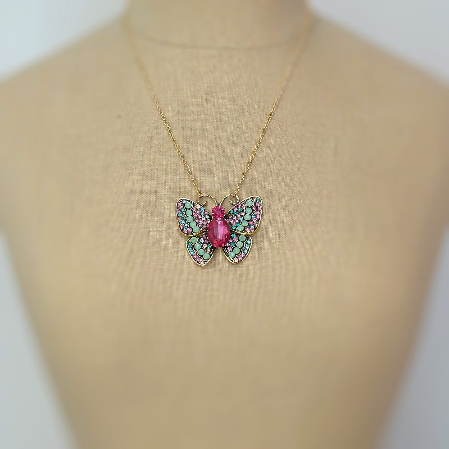 Statement Necklace - Crystal Necklace - Pink Crystal Butterfly - Gold Necklace- Colorful Necklace - Insect Jewelry