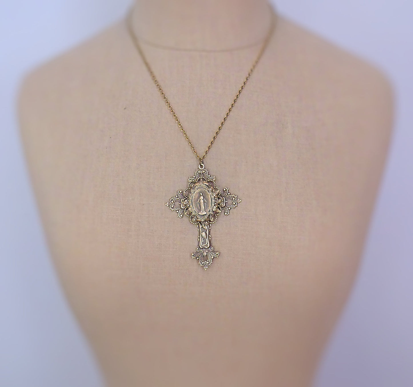 Vintage Jewelry - Large Cross Necklace - Mother Mary Necklace - Catholic Necklace - Brass Necklace - Chloe's Vintage Jewelry