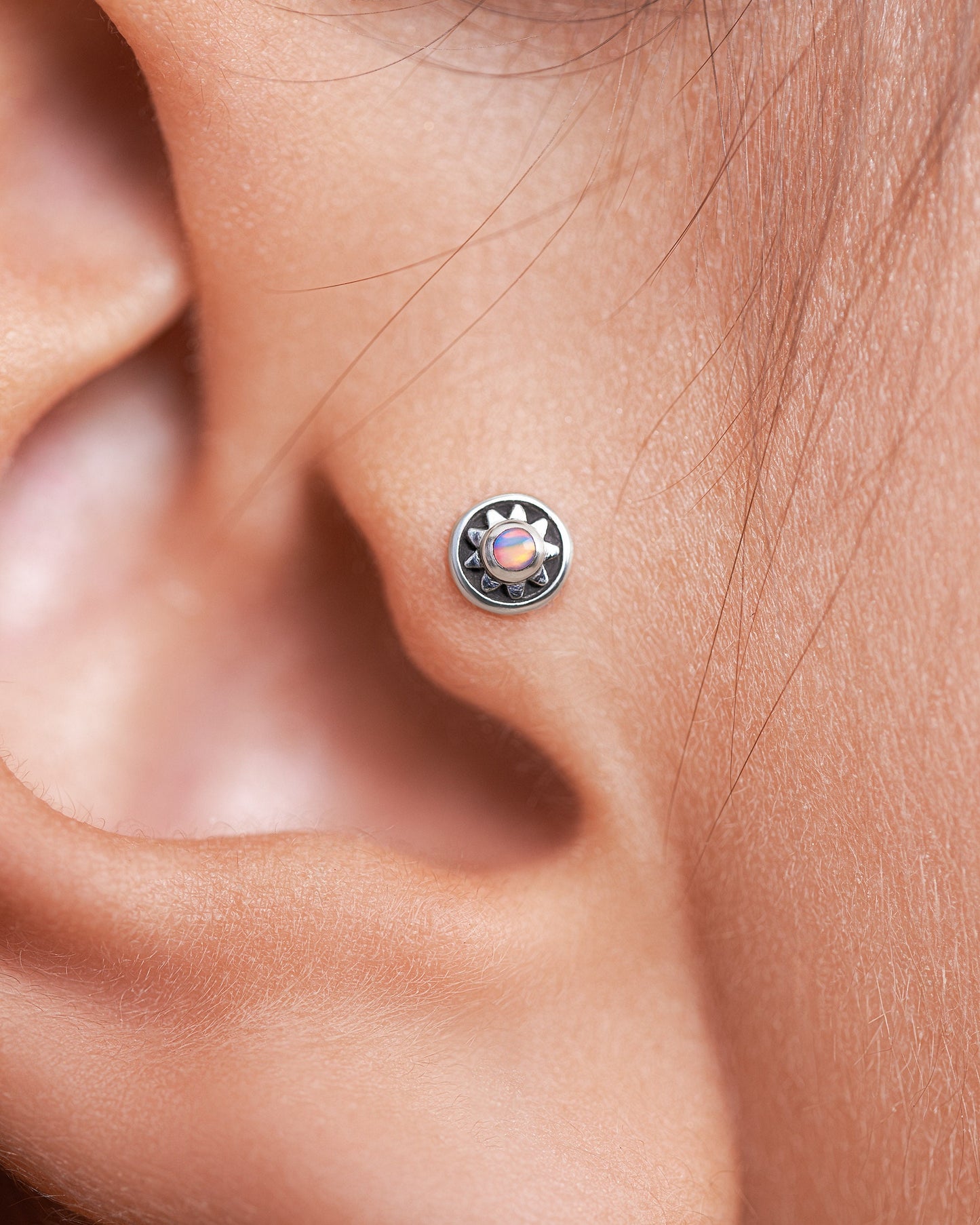 Fire Opal Cartilage Earring • Flat Back Stud Earring • Sterling Silver 16G Internally Threaded Labret Stud • Opal Piercing Jewelry - CRT011