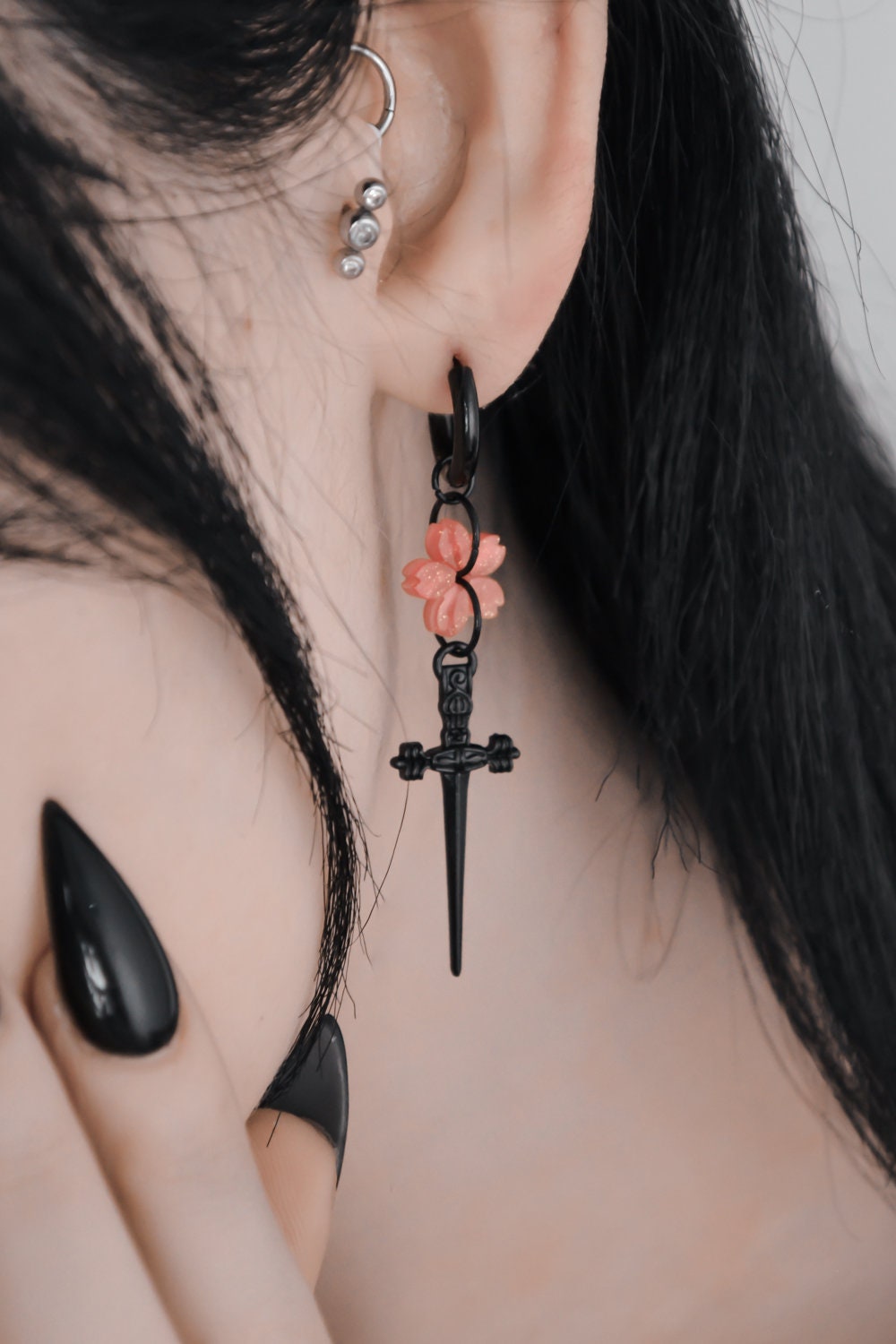 Sakura Blade Black Earrings | Cherry Blossom Sword Jewelry | Gothic Alt Earrings | Fantasy Floral Weapon Aesthetic | Stainless Steel