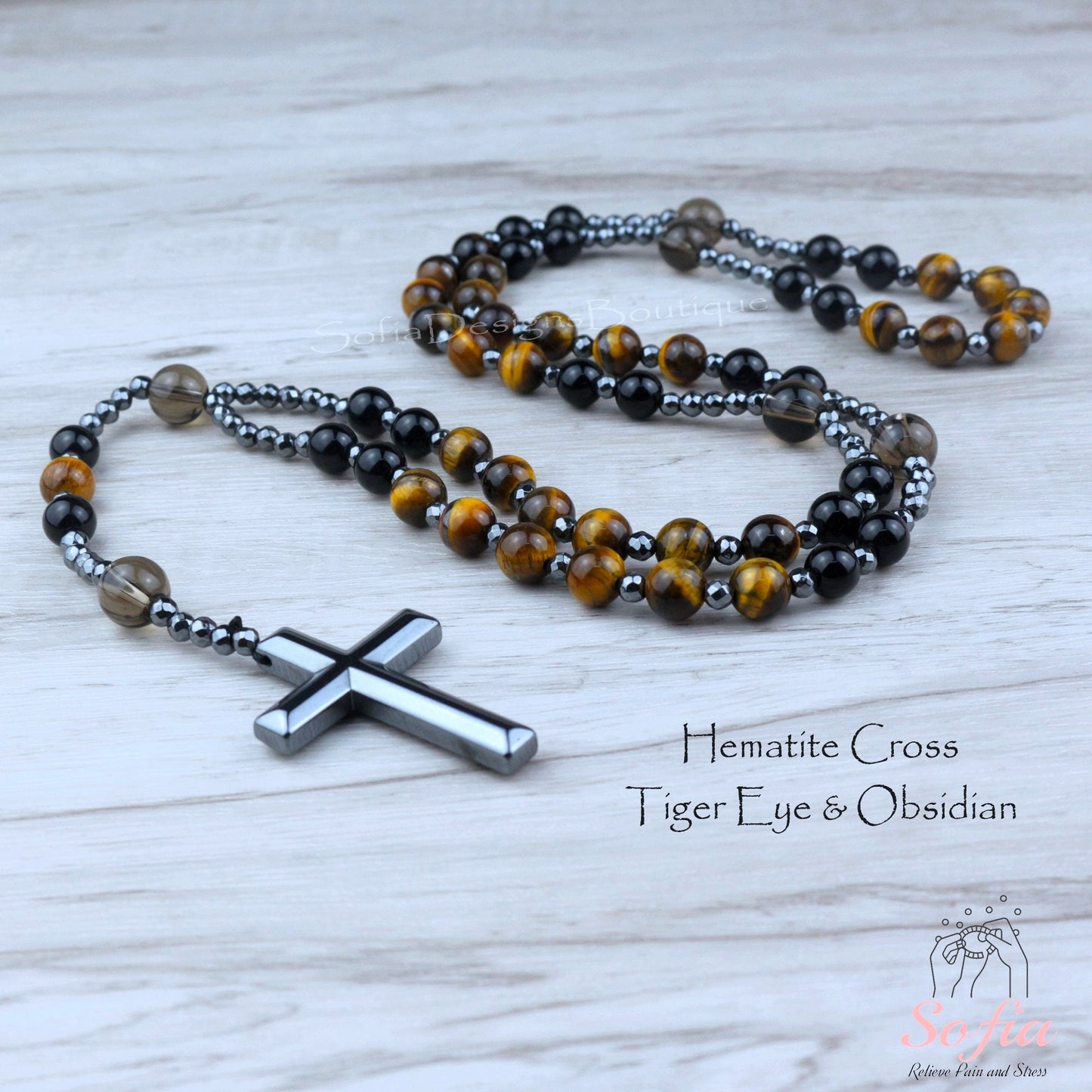 Natural Obsidian Tiger's Eye Rosary Necklace - Hematite Stone Cross Pendant Necklace Protection Necklace Amulet Gift for her, gift for him