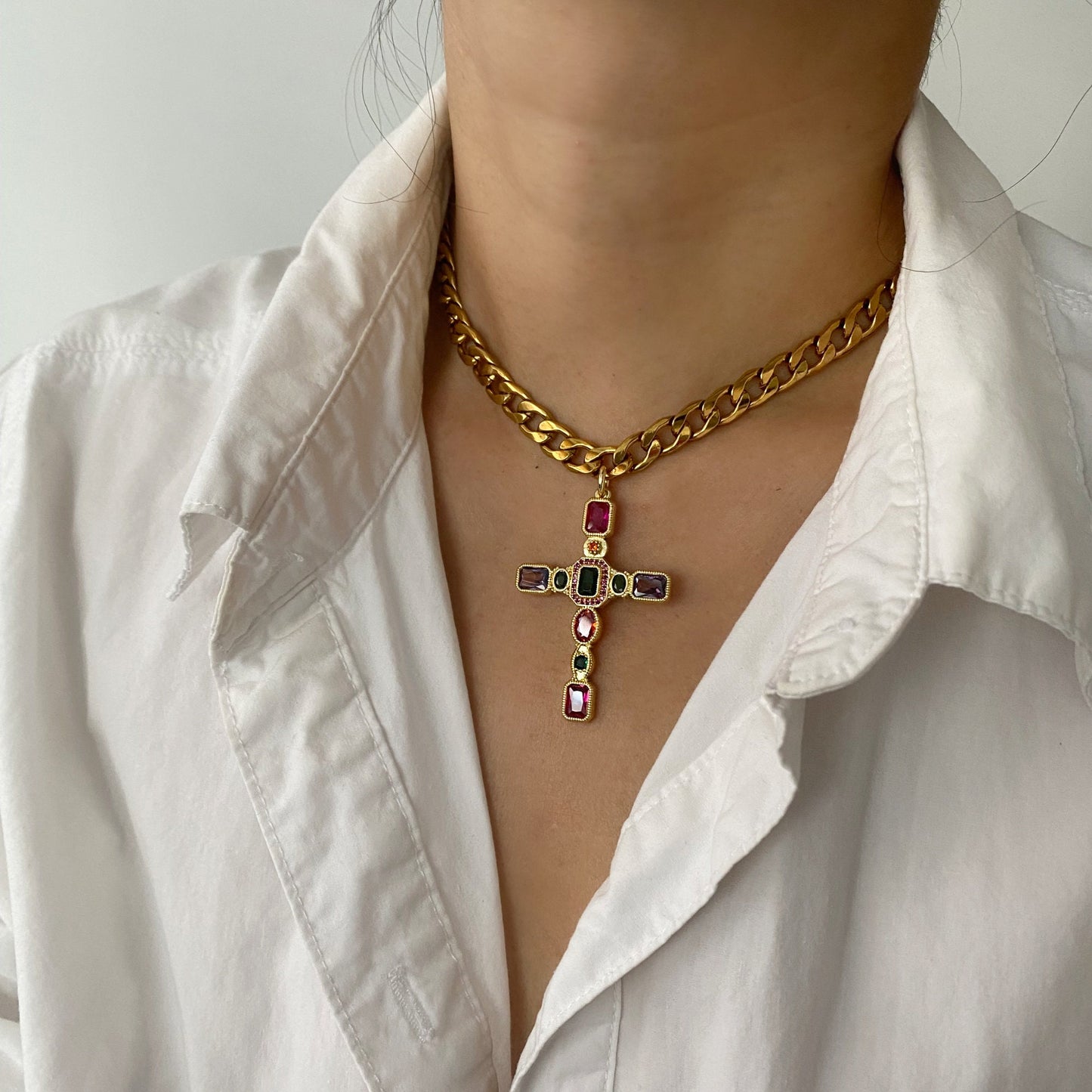 Colorful Gem Cross Necklace | Large Oversized Cross Necklace | Chunky Gold Chain Layering Necklace | Statement Choker