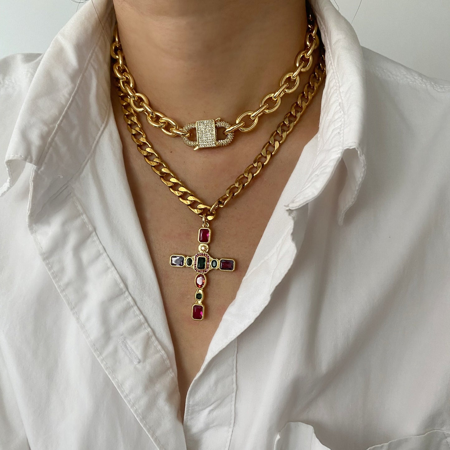 Colorful Gem Cross Necklace | Large Oversized Cross Necklace | Chunky Gold Chain Layering Necklace | Statement Choker